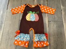 Boutique Halloween or Thanksgiving pumpkin romper with ribbons size 0-3M