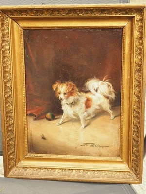 TABLEAU ANCIEN PEINTURE CHIEN SIGNE FEDERICO OLARIA SIGNED PAINTING 32.5 x 23.5 - Photo 1/4