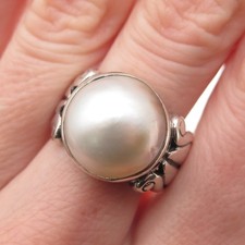 925 Sterling Silver Vintage Real Pearl Modernist Floral Ring Size 8
