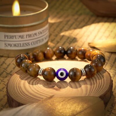 Luckly Evil Eye Bracelet Natural Tiger Eye Stone Beaded Bracelets for Men  Women