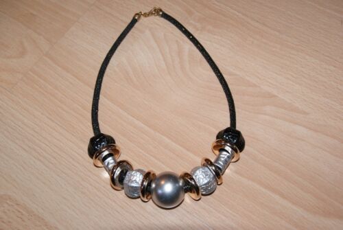 Damen-Halskette/ Collier, schwarz mit silber, 47 cm - Bild 1 von 3