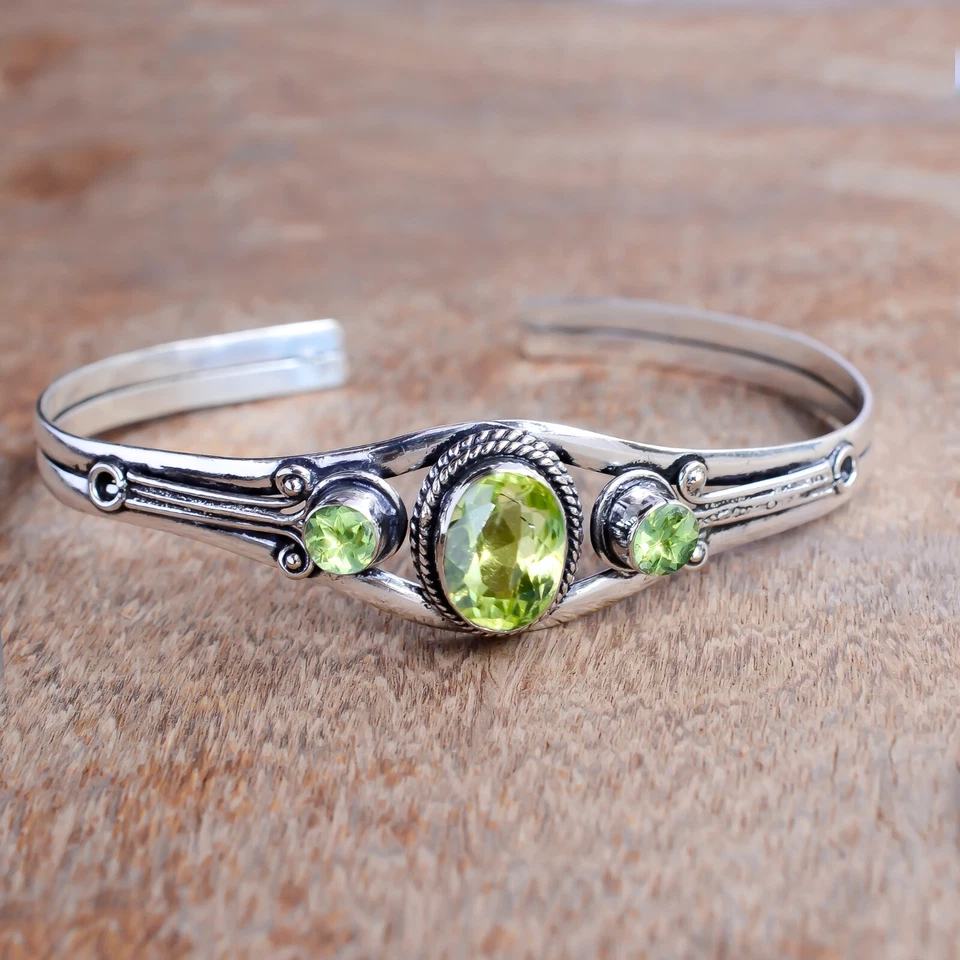 Faceted Peridot Gemstone Bracelet 925 Sterling Silver Handmade Gifted Man's Cuff - Image 2 of 4