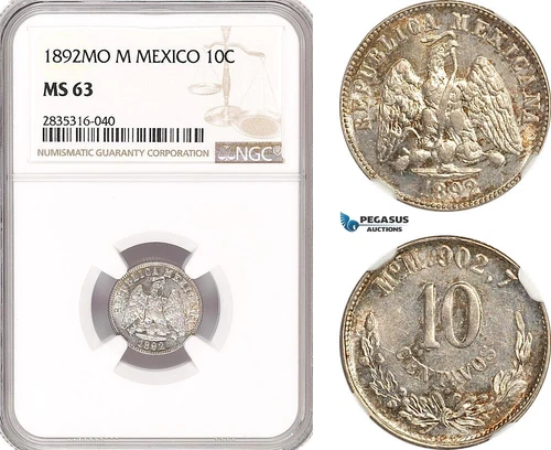 AH83, Mexico, 10 Centavos 1892 Mo M, Mexico City Mint, Silver, NGC MS63