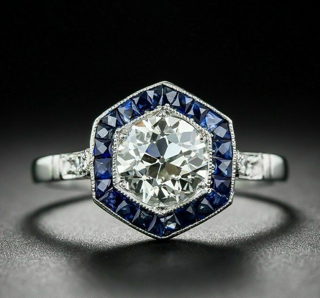 Art Deco 1.75 Ct Round Moissanite Sapphire Engagement Ring 925 Sterling