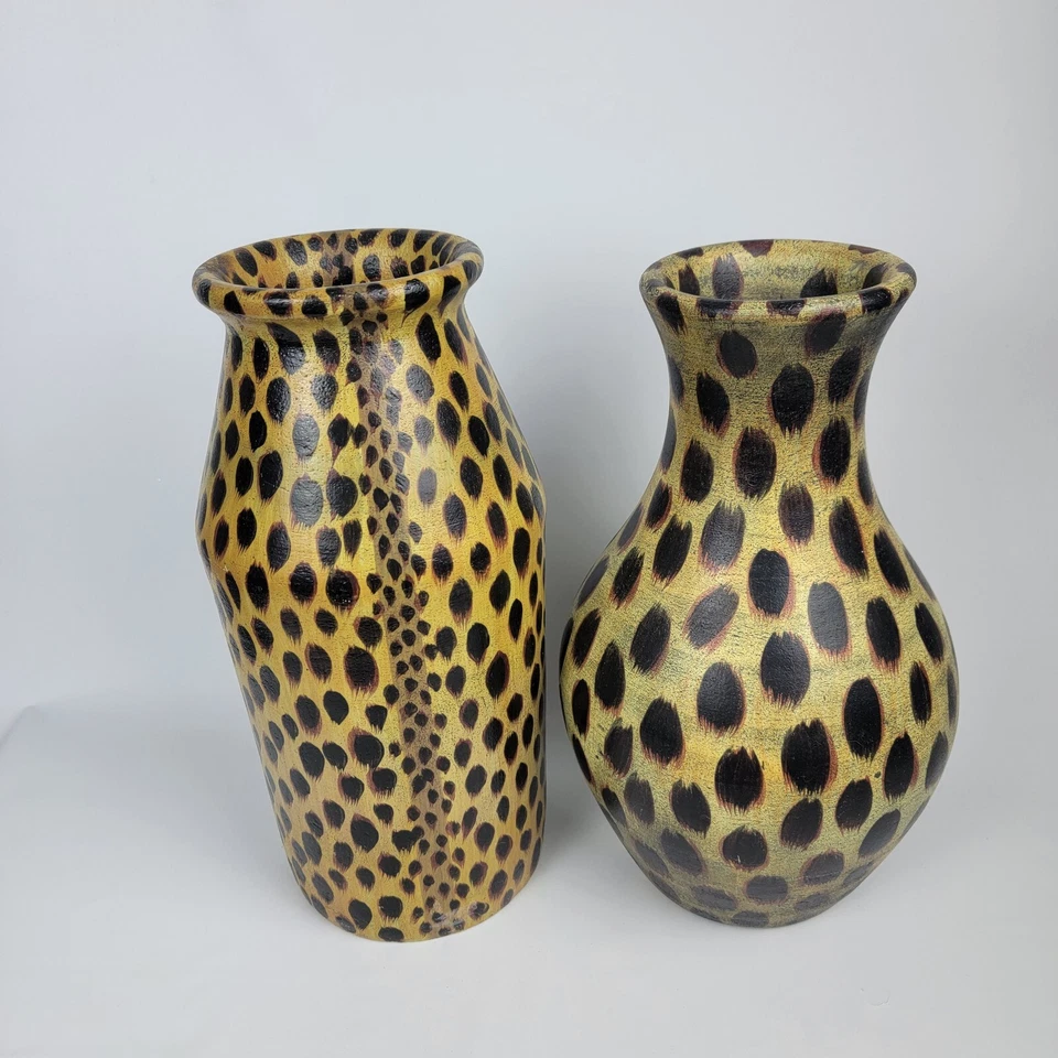 Винтажная художественная керамика латунь черная расписная ваза сафари анималистический принт коричневый желтый - Изображение 2 из 4