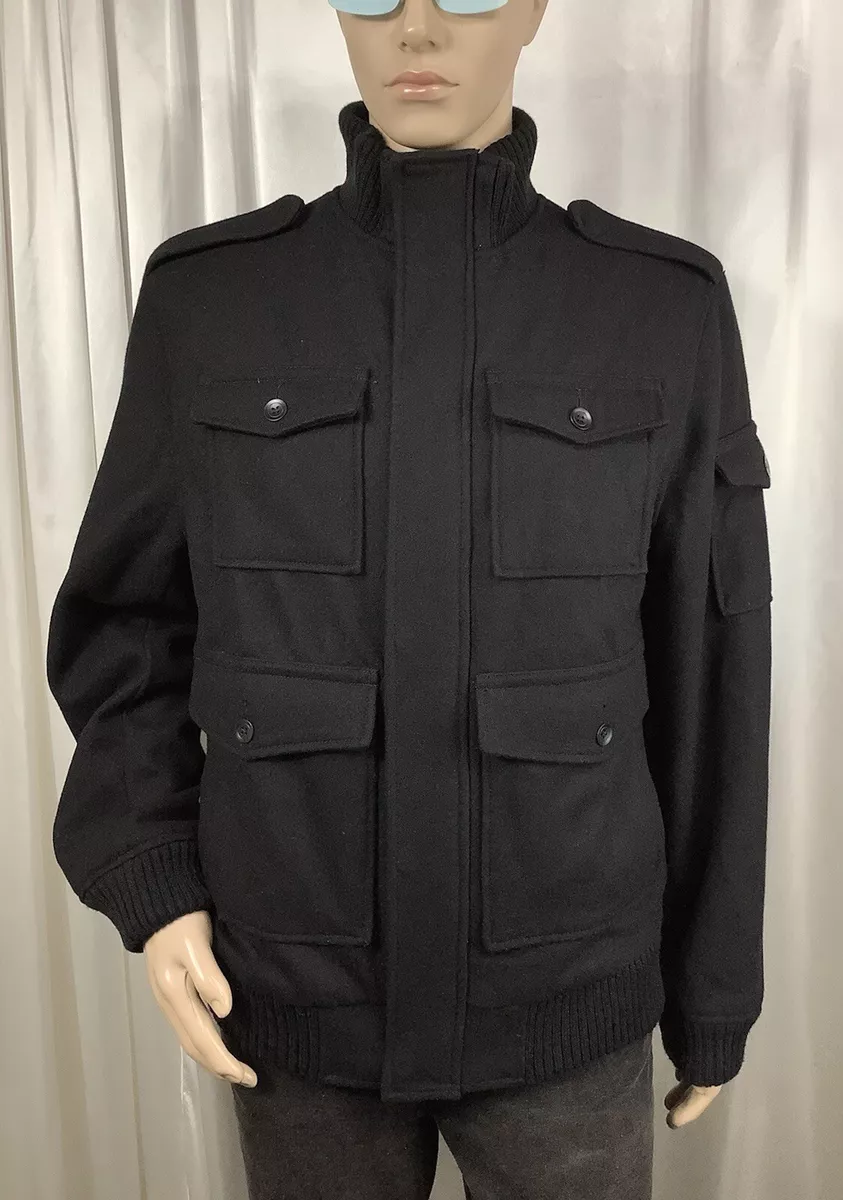 rare OLD NAVY WOOL Black Utility Military Pea Car Coat Jacket men L