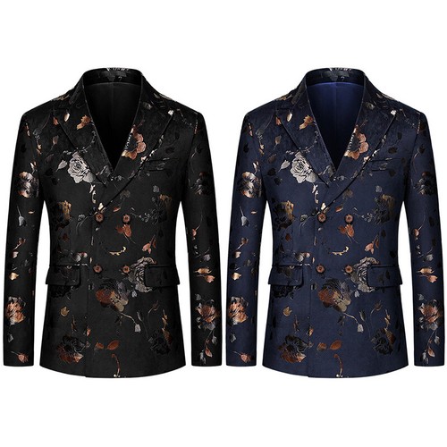 Herren Foliendruck Blumen Anzug Jacke Blazer Zweireiher Abendessen Bühne Mantel - Bild 2 von 12