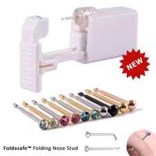 Disposable Nose Piercing Kit Foldasafe - Silver Gold CZ Stud Ring Gun Home Self