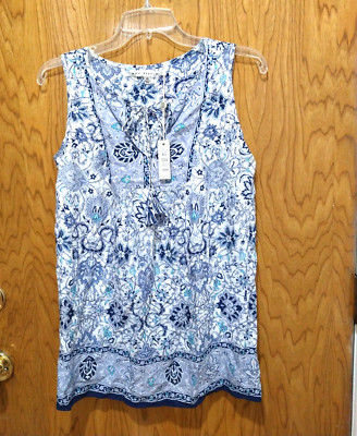 NwT Max Studio tunic blouse *XS Split neck w ties Sleeveless Rayon Blue floral
