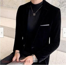 Mens Slim Fit Size Plus One Button Velvet Blazer V-Neck Soild Color Wedding Coat