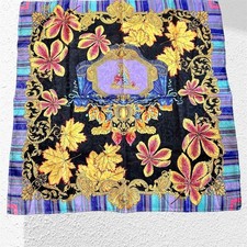 Versace Handkerchief 52cm Baroque Leaf Pattern Black Gold Cotton Used