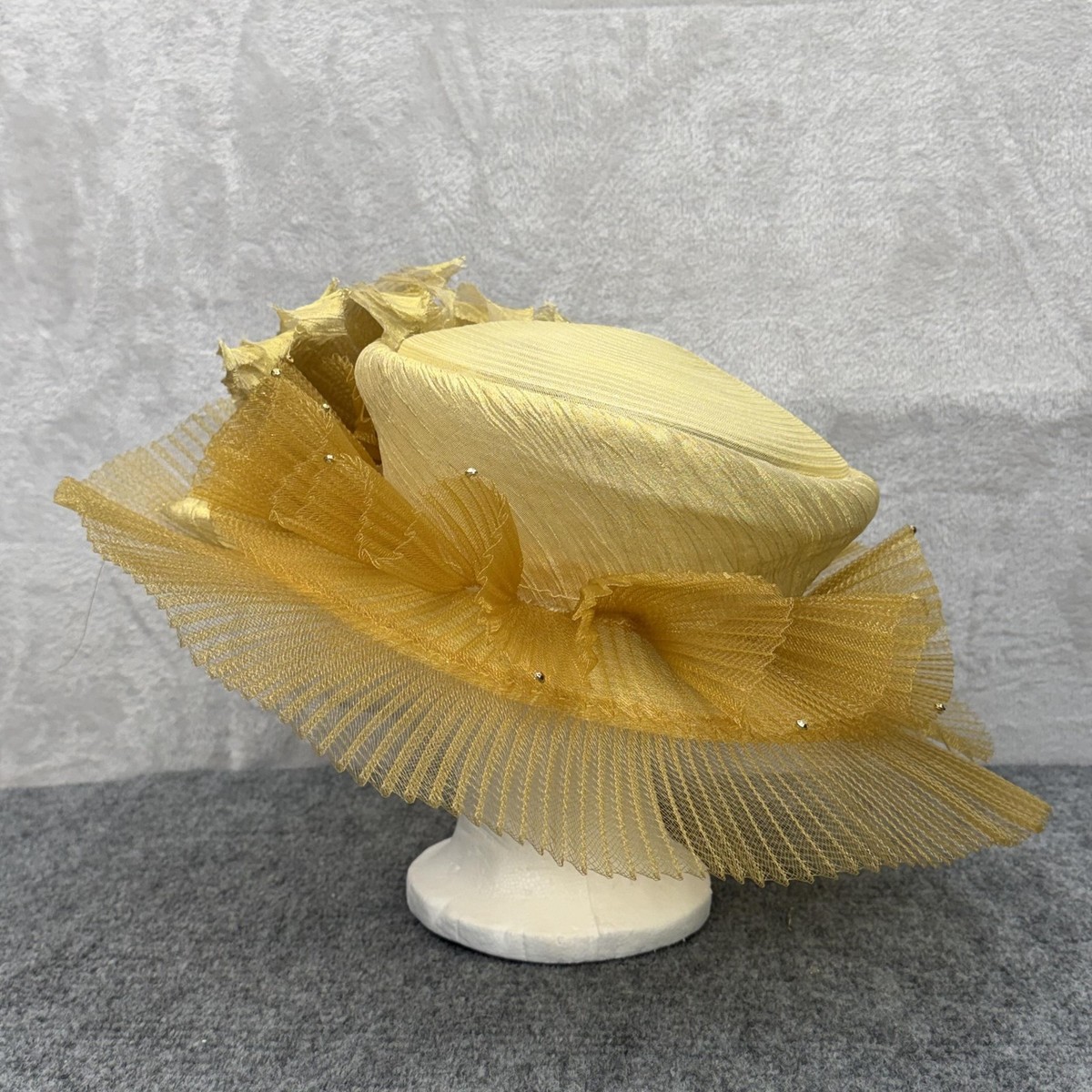 Ms Divine Hat Fascinator Yellow Beaded Embroidered Rhinestone Derby Church Party kentucky derby hat fascinator champagne satin with netting  main image 3