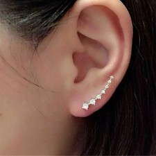 925 Sterling Silver CZ Curve Bar Ear Climber Crawler Sweep Earrings Women Girl *