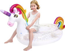 Unicorn Pool Float Kids - Inflatable Rainbow Unicorn Floaty with Glitters Fun Fl