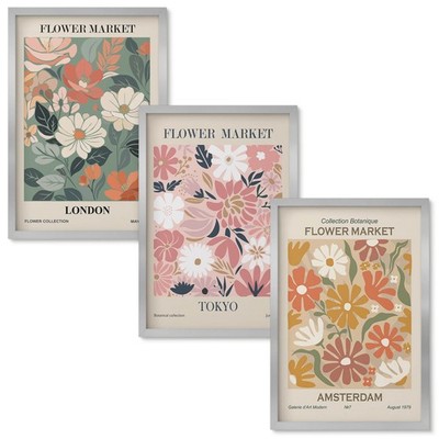 Wandgestaltung Silberrahmen Blumenmuster London Tokio Amsterdam 3x 40x60 cm