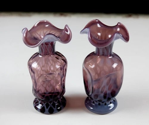 A Pair Fenton Art Glass 2002 Violet Opalescent Coin Dot Ruffled Vase 6.75 inches