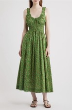 DÔEN Emmaretta Floral Pleated Cotton Voile Dress in Emerald Jardín du Chateau