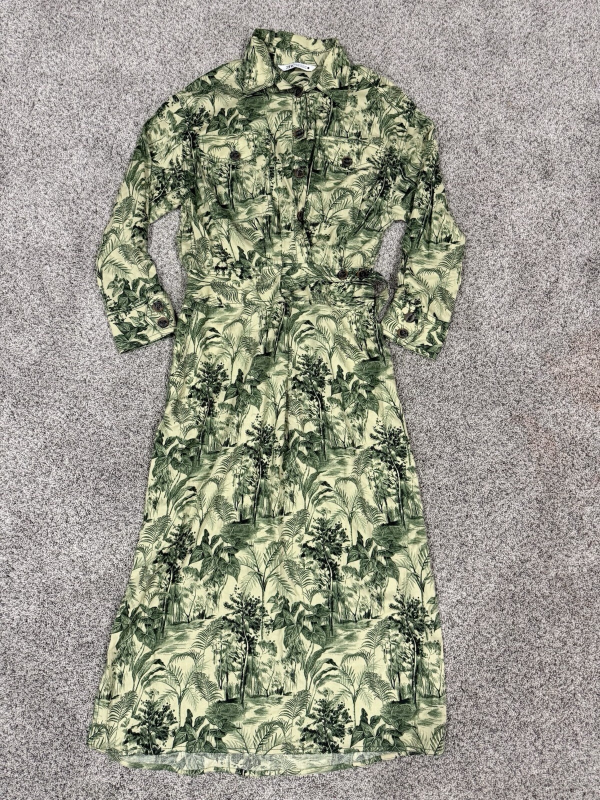 ZARA WRAP Style Green Forest Print PAREO Linen Blend Maxi DRESS SideSlit Women M image 3