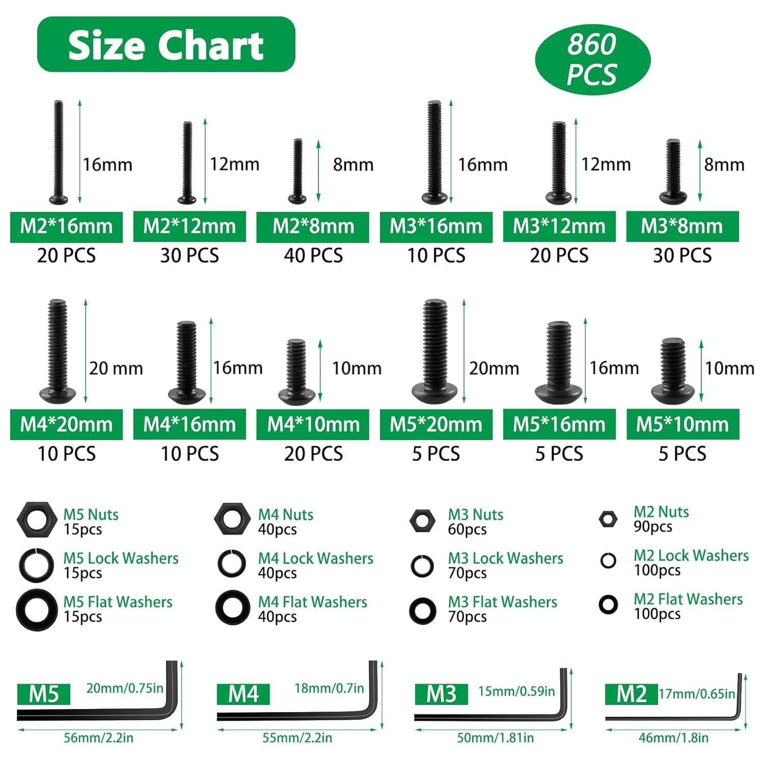 860PCS Metric Screw Assortment Kit, M2 M3 M4 M5 Machine Screws with Lock & Fl...
