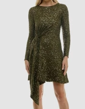 Taylor Women's Green Draped Sequined Mesh Long-Sleeve Fit & Flare Dress Size 16