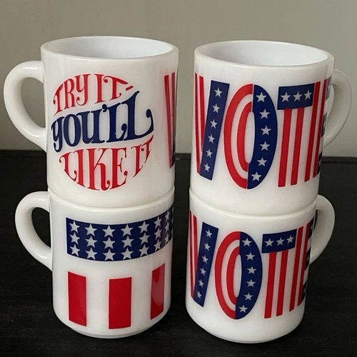 Vintage Milk Glass Mug Set Patriotic VOTE Red White Blue Election Party USA Flag