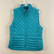 LOFT Womens Medium Vest Blue Sleeveless Zip Pockets Puffer Collar Snaps 6405