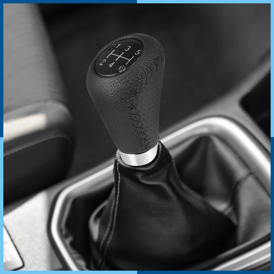 Perilla de cambio de marchas universal negra de 5 velocidades de cuero PU con orificio puntadas negras Foto 2 de 4