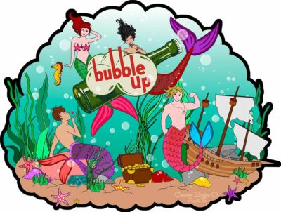 BUBBLE UP SODA MERMAIDS SHIPWRECK GOLD 16'' HEAVY DUTY USA MADE METAL ADV SIGN