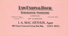I A Mac Arthur Flint Mi Law Union & Rock Insurance Co small advertising blotter
