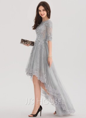 asymmetrical tulle dress Tulle A-line evening dress with asymmetrical neckline and long bishop sleeves