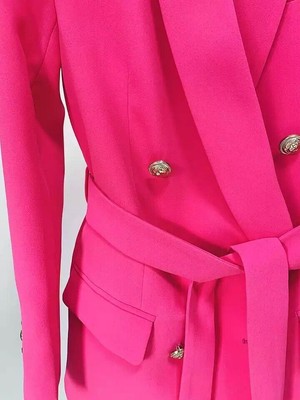 Double Breasted Neon Hot Pink Blazer Dress Long With Buttons Slim Belted  Jacket | eBay