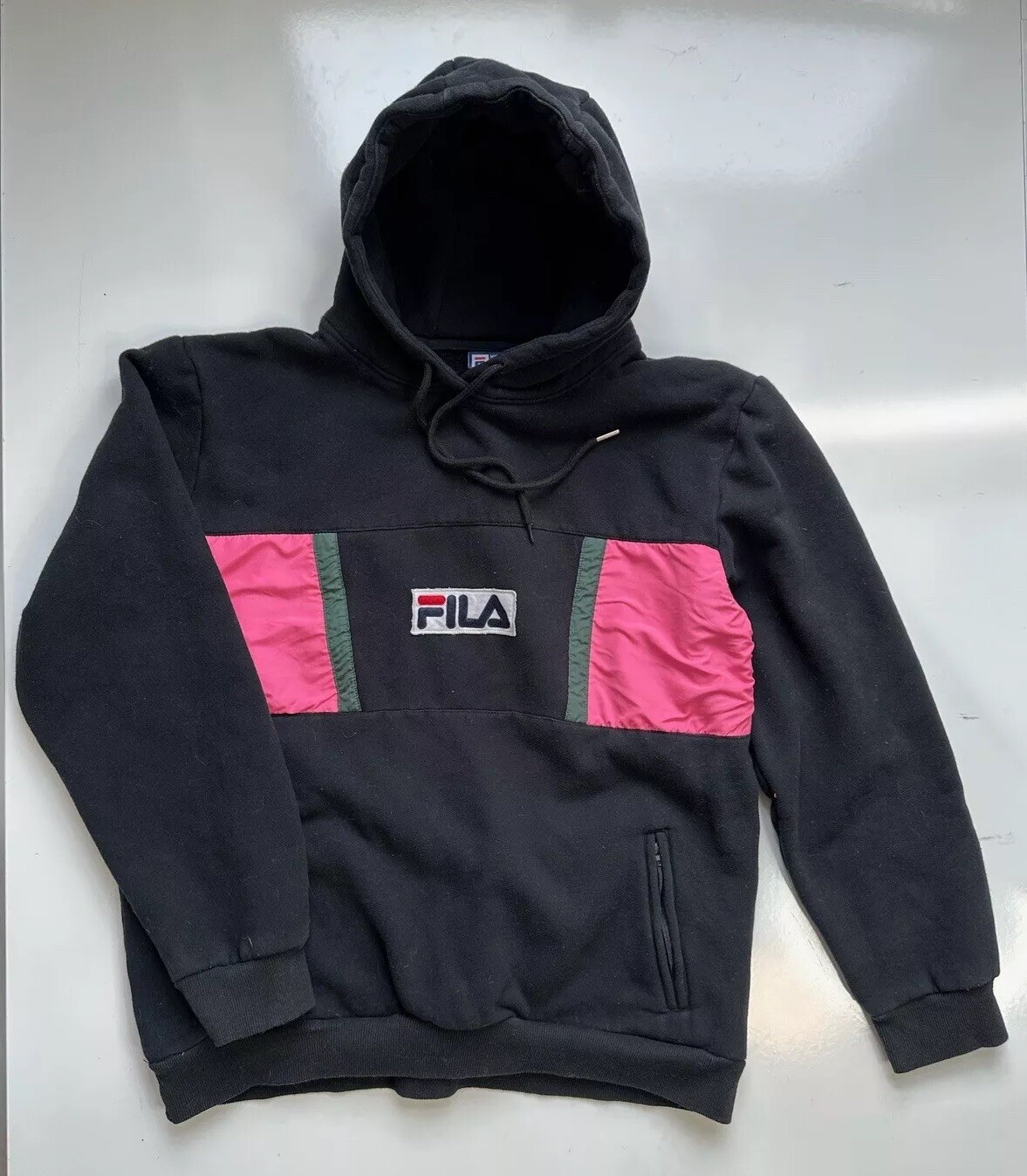 Felpa con cappuccio vintage linea bianca Fila rosa e nera colorblock donna taglia 2XL