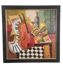 Large Oil Painting - Musical Instruments & Fruit Still Life on Checkered Table 
