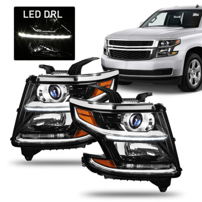 Pairs of 2015-2020 Chevy Tahoe Suburban LED DRL Projector Black Headlights Sets