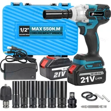 Cordless Electric Impact Wrench Nut Gun 1/2'' High Power Drill Driver w/ Battery