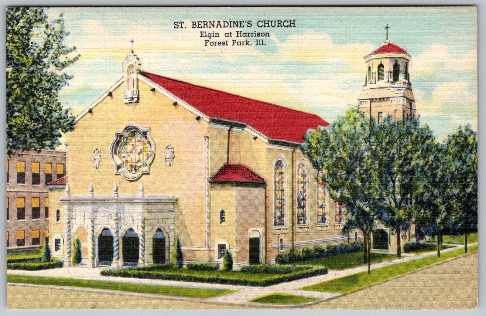 Vtg Postcard St Bernardine's Catholic Church Forest Park, IL 1940s