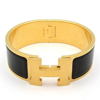 HERMES Clic Clac H Gold Black Hardware Patent Leather Bangle