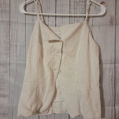  Womens  Linen Blend Large Strappy V-Neck Buttoned Tank Crop Top Missing Button 
