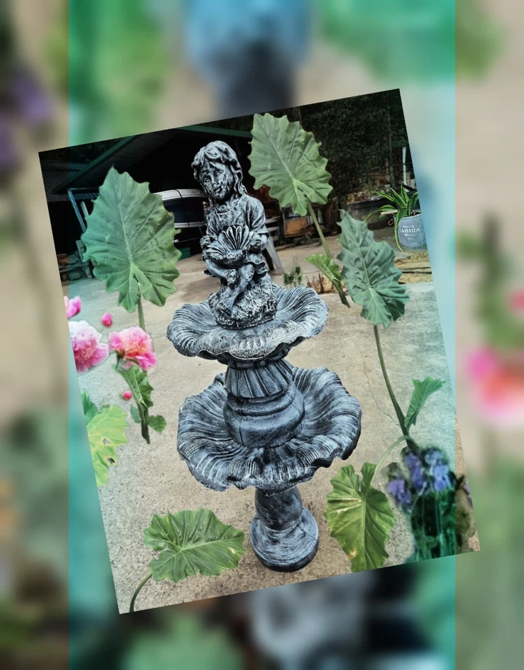 Stonecast Birdbath 2 Tier With Statue Of Girl Holding A Flower /Center Piece - Image 3 of 4