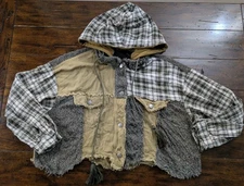 Miss Me Destructed Denim Jacket Plaid Flannel Crochet Patchwork  M Y2K Grunge