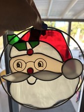 Vintage 8.25" Stained Glass Circular Sun Catcher Santa