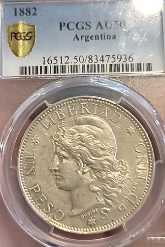Argentina 1882 Peso Rare Undergraded PCGS 50++ Luster/Sharp Detail Beauty 
