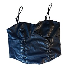 Jolie Joy Womens M Black Faux Leather Corset Bustier Lace Up Y2K Goth Top