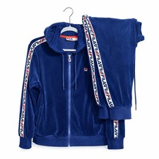 FILA Men Velour Tracksuit Set Blue Full Zip Hoodie Jogger Pants Logo Tape XL