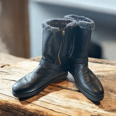 UGG CLASSIC BERGE SHORT WATERPROOF BLACK LEATHER SHEARLING BOOTS SIZE 10 WOMEN