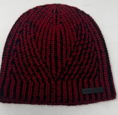 Rebecca Minkoff Two-Tone Rib Beanie in Black and Dahlia Red / OSFM
