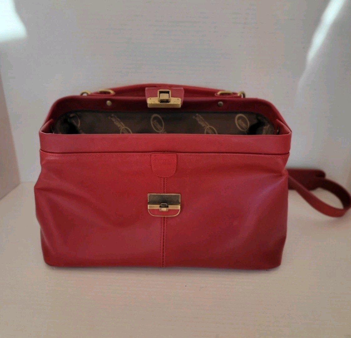 Ameri Leather Red Doctors Bag Handbag Crossbody P… - image 4