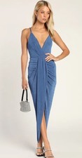 Lulus Dreamy Date Blue Surplice Midi Dress Size M