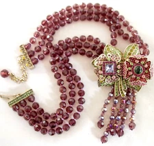 3-STRAND NWOT DESIGNER STYLE CRYSTAL RHINESTONE DOUBLE FLOWER CORSAGE NECKLACE