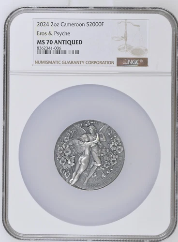 Eros and Psyche Celestial Beauty 2 oz Silver Coin Cameroon 202/MS70 NGC